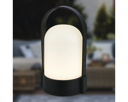 Lampe d'extérieur portable moderne avec boîtier noir, poignée et lumière blanc chaud.