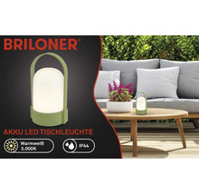 Lampe de table LED sans fil Briloner verte pour extérieur, lumière blanc chaud 3000 Kelvin, protection IP44, portable avec poignée.