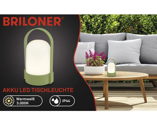 Lampe de table LED sans fil Briloner verte pour extérieur, lumière blanc chaud 3000 Kelvin, protection IP44, portable avec poignée.