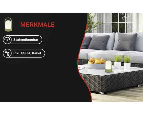 Lampe de table portable, intensité variable, câble USB-C inclus. Salon de jardin moderne avec canapé, table basse tressée, fruits et plantes.