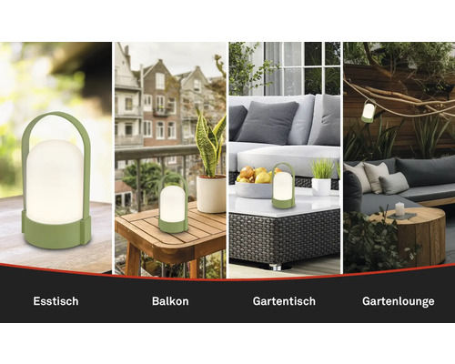 Lampe d'extérieur à LED portable avec poignée dans différents décors : table à manger, balcon, table de jardin et salon de jardin.
