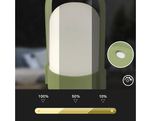 Lampe portable avec trois niveaux de luminosité à 100 pour cent, 50 pour cent et 10 pour cent.