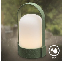 Lanterne LED extérieure verte portable avec dôme blanc, poignée de transport et protection IP44 contre les projections d'eau.
