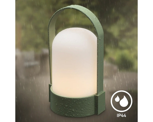 Lanterne LED extérieure verte portable avec dôme blanc, poignée de transport et protection IP44 contre les projections d'eau.