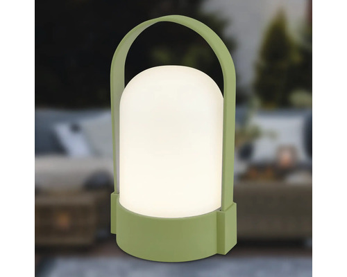 Lampe d'extérieur LED portable verte avec poignée et diffuseur blanc.