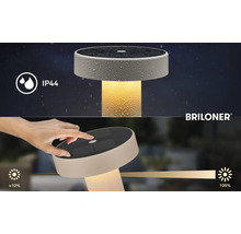Lampe de table solaire Briloner avec protection IP44 contre les éclaboussures et variateur tactile de circa 10 à 100 pour cent. Briloner Logo.
