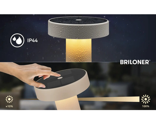 Lampe de table solaire Briloner avec protection IP44 contre les éclaboussures et variateur tactile de circa 10 à 100 pour cent. Briloner Logo.