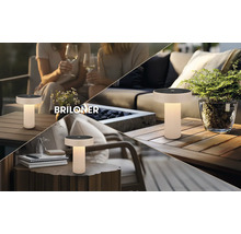 Lampe de table LED d'extérieur Briloner sur des tables en bois dans diverses scènes de jardin et de terrasse, design moderne, sans fil.