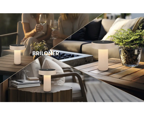 Lampe de table LED d'extérieur Briloner sur des tables en bois dans diverses scènes de jardin et de terrasse, design moderne, sans fil.