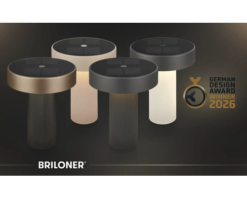 Lampes de table solaires Briloner avec socle rainuré et panneau solaire, Briloner Logo, prix German Design Award Winner 2026.