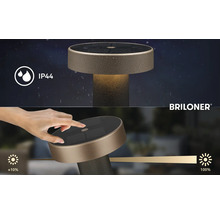 Briloner Logo. Lampe de table solaire avec indice de protection IP44 et variateur tactile de 10 à 100 pour cent.