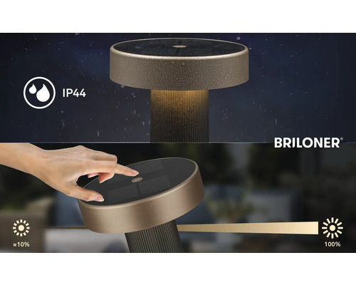 Briloner Logo. Lampe de table solaire avec indice de protection IP44 et variateur tactile de 10 à 100 pour cent.
