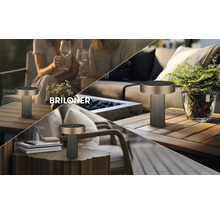 Lampe de table Briloner moderne avec dessus métallique et socle rainuré sur terrasse et balcon, Briloner Logo.