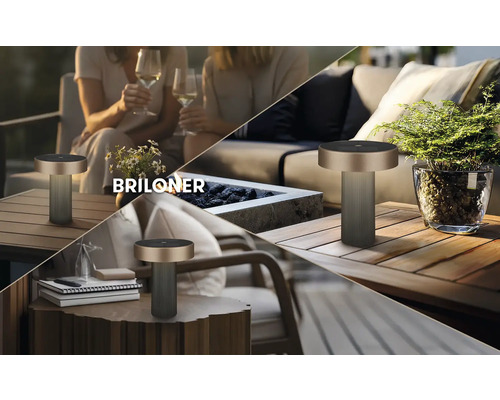 Lampe de table Briloner moderne avec dessus métallique et socle rainuré sur terrasse et balcon, Briloner Logo.