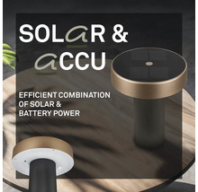 Lampe de table d'extérieur solaire et à batterie sur une table en bois avec panneau solaire sur le dessus et socle rainuré.