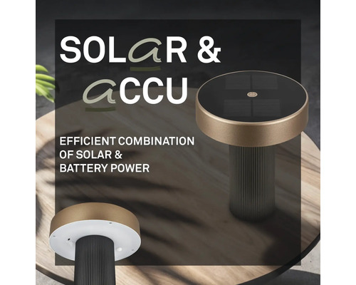 Lampe de table d'extérieur solaire et à batterie sur une table en bois avec panneau solaire sur le dessus et socle rainuré.