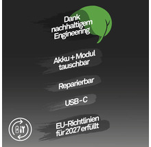 Informations de durabilité: batterie et module remplaçables, réparable, port USB-C, respecte les directives de l Union européenne pour 2027.
