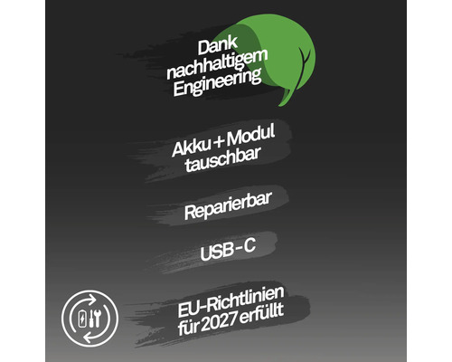 Informations de durabilité: batterie et module remplaçables, réparable, port USB-C, respecte les directives de l Union européenne pour 2027.
