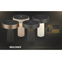 Lampes de table solaires Briloner avec socle rainuré et panneau solaire, Briloner Logo, prix German Design Award Winner 2026.