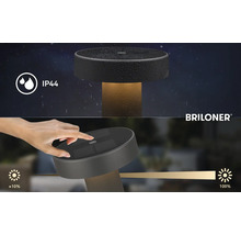 Lampe solaire d'extérieur IP44, résistante aux éclaboussures avec fonction tactile de gradation de circa 10 à 100 pour cent. Logo Briloner.