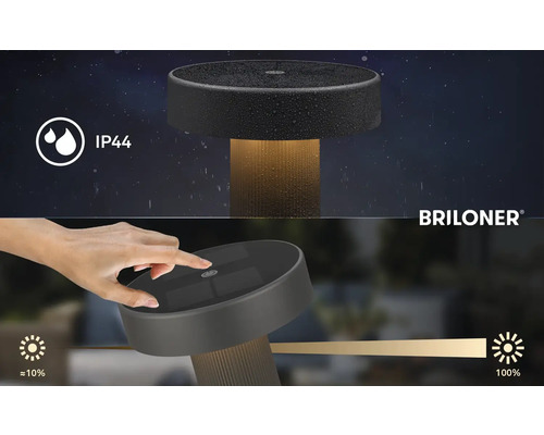 Lampe solaire d'extérieur IP44, résistante aux éclaboussures avec fonction tactile de gradation de circa 10 à 100 pour cent. Logo Briloner.