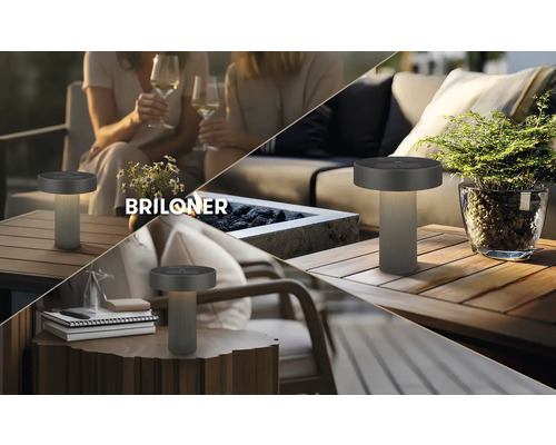 Lampe de table solaire Briloner anthracite sur tables en bois, scènes d'extérieur avec meubles de salon, plantes et un brasero. Briloner Logo.