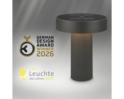 Lampe de table solaire moderne avec les prix German Design Award Winner 2026 et Lampe de l année 2025.