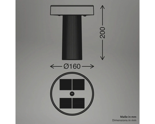 Dessin technique d une lampe avec une hauteur de 200 millimètres et un diamètre de 160 millimètres.