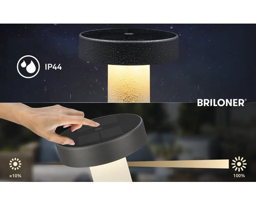 Lampe de table à LED Briloner avec protection IP44 contre les projections d'eau et fonction de gradation tactile de environ 10 à 100 pour cent.
