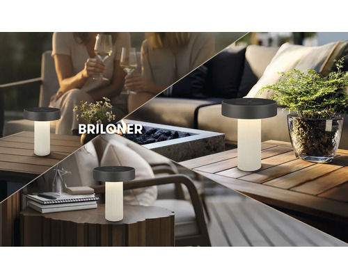 Lampe de table LED Briloner sur batterie pour l'extérieur, portable, sur des surfaces en bois dans diverses scènes de jardin avec Briloner Logo.