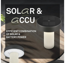 Lampe de table solaire et à batterie avec cellules solaires rondes sur le dessus et un pied cannelé lumineux.