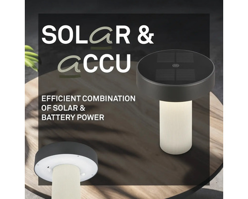 Lampe de table solaire et à batterie avec cellules solaires rondes sur le dessus et un pied cannelé lumineux.