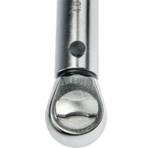 Metallischer Kopf eines Drehmomentschlüssels mit Umschalthebel und Verriegelungsknopf.