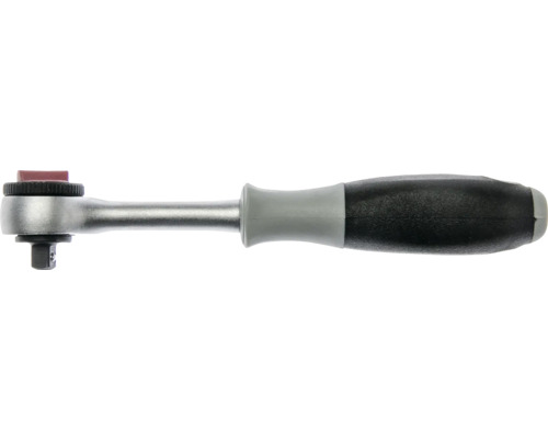 Cliquet réversible en métal avec poignée ergonomique bi-matière et carré d'entraînement.