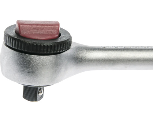 Tête de clé à cliquet en métal avec entraînement carré, molette de réglage et levier d'inversion.