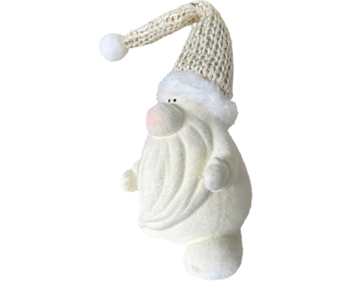 Weiße Weihnachtsmann-Dekofigur aus weichem Material mit einer Pailletten besetzten Strickmütze.