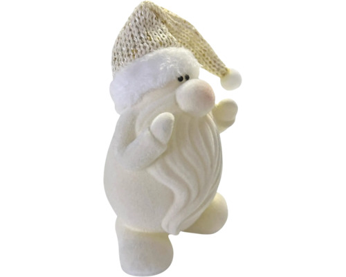 Dekofigur Weihnachtsmann mit Strickmütze und samtiger Oberfläche.