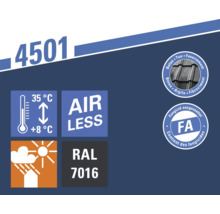 Produkt 4501: Verarbeitungstemperatur 8 bis 35 Grad Celsius, airless spritzbar, wetterbeständig, RAL 7016, für Beton, Ton und Faserzement, fungizid.