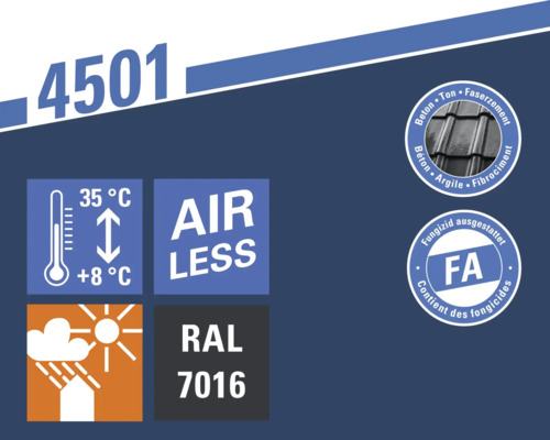 Produkt 4501: Verarbeitungstemperatur 8 bis 35 Grad Celsius, airless spritzbar, wetterbeständig, RAL 7016, für Beton, Ton und Faserzement, fungizid.