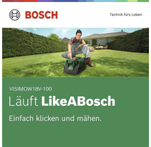 Logo Bosch. Une femme utilise une tondeuse robot Bosch Visimow 18V-100 sur une pelouse devant une maison.