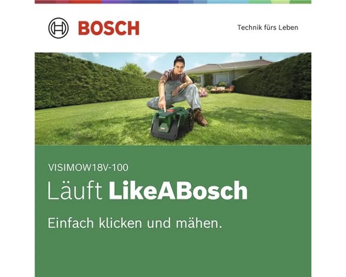 Logo Bosch. Une femme utilise une tondeuse robot Bosch Visimow 18V-100 sur une pelouse devant une maison.