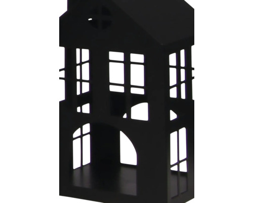 Maison décorative en métal noir avec fenêtres et portes découpées.