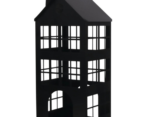 Photophore noir en métal en forme de maison avec de nombreuses découpes de fenêtres.