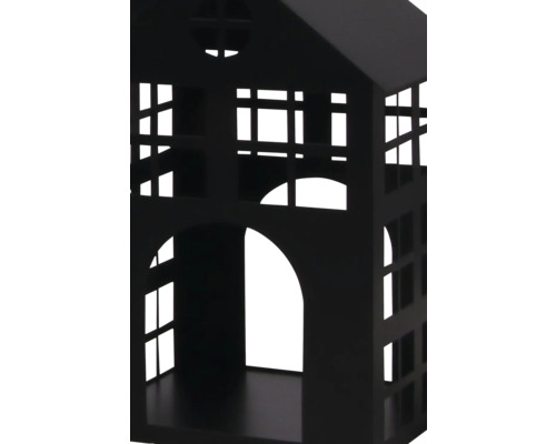 Lanterne décorative noire en métal en forme de maison avec ouvertures pour fenêtres et portes.