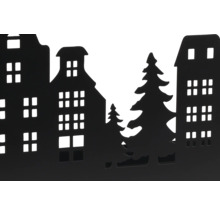 Schwarze Silhouette einer Häuserreihe mit Tannenbäumen für die Dekoration.