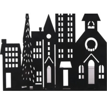Dekorative Stadtsilhouette aus Metall in Schwarz mit Häusern, Kirche und Tannenbaum sowie integrierten Teelichthaltern aus Glas.
