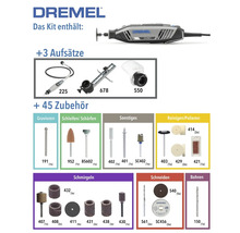 Logo Dremel. Kit outil multifonction Dremel 4250 avec 3 adaptations et 45 accessoires pour graver, meuler, nettoyer, poncer, couper et percer.