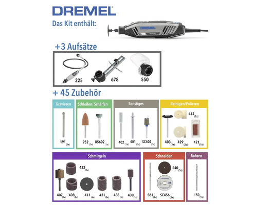 Logo Dremel. Kit outil multifonction Dremel 4250 avec 3 adaptations et 45 accessoires pour graver, meuler, nettoyer, poncer, couper et percer.