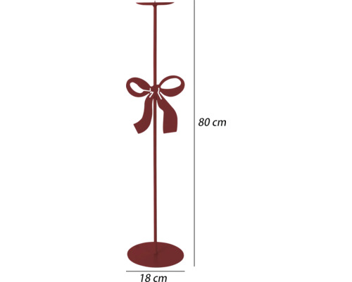 Roter Kerzenständer aus Metall mit dekorativer Schleife, Höhe 80 Zentimeter, Basisdurchmesser 18 Zentimeter.