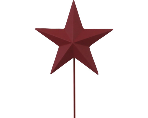 Roter dekorativer Stern aus Metall am Stab für die Dekoration in Haus und Garten.